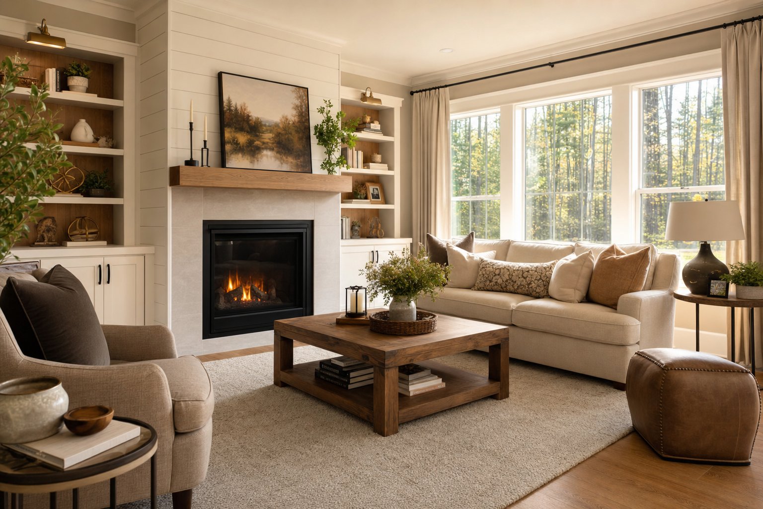 A clean, cozy living room with fresh carpet, warm natural light and comfortable furniture
